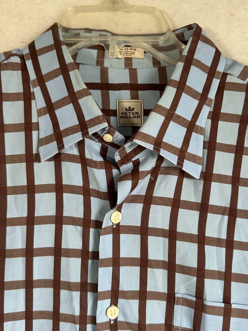 Peter Millar Shirt Mens XL Blue/Brown Plaid 100% Cotton‎ Long Sleeve Button Down